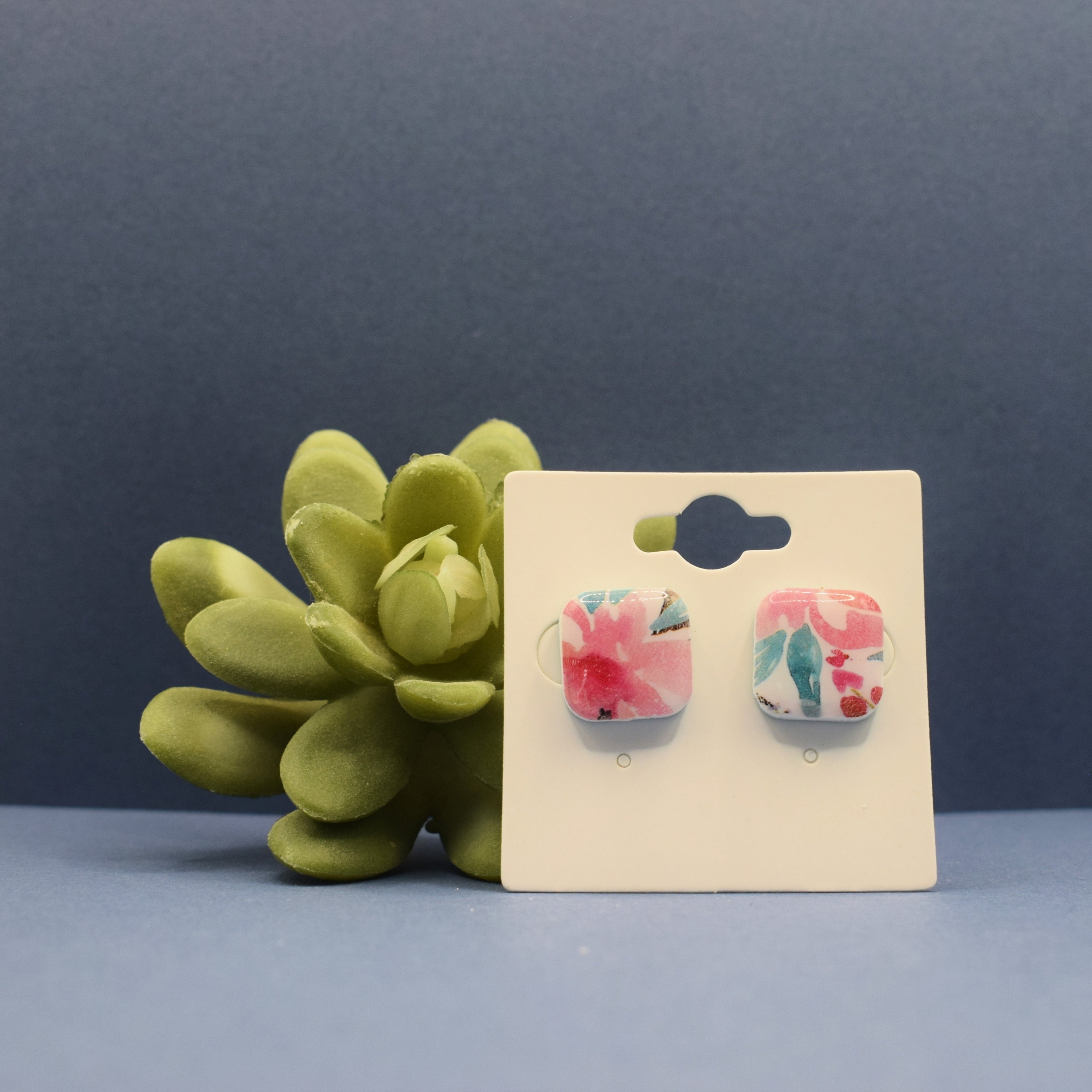 Organic Square Floral Polymer Clay Stud Earrings