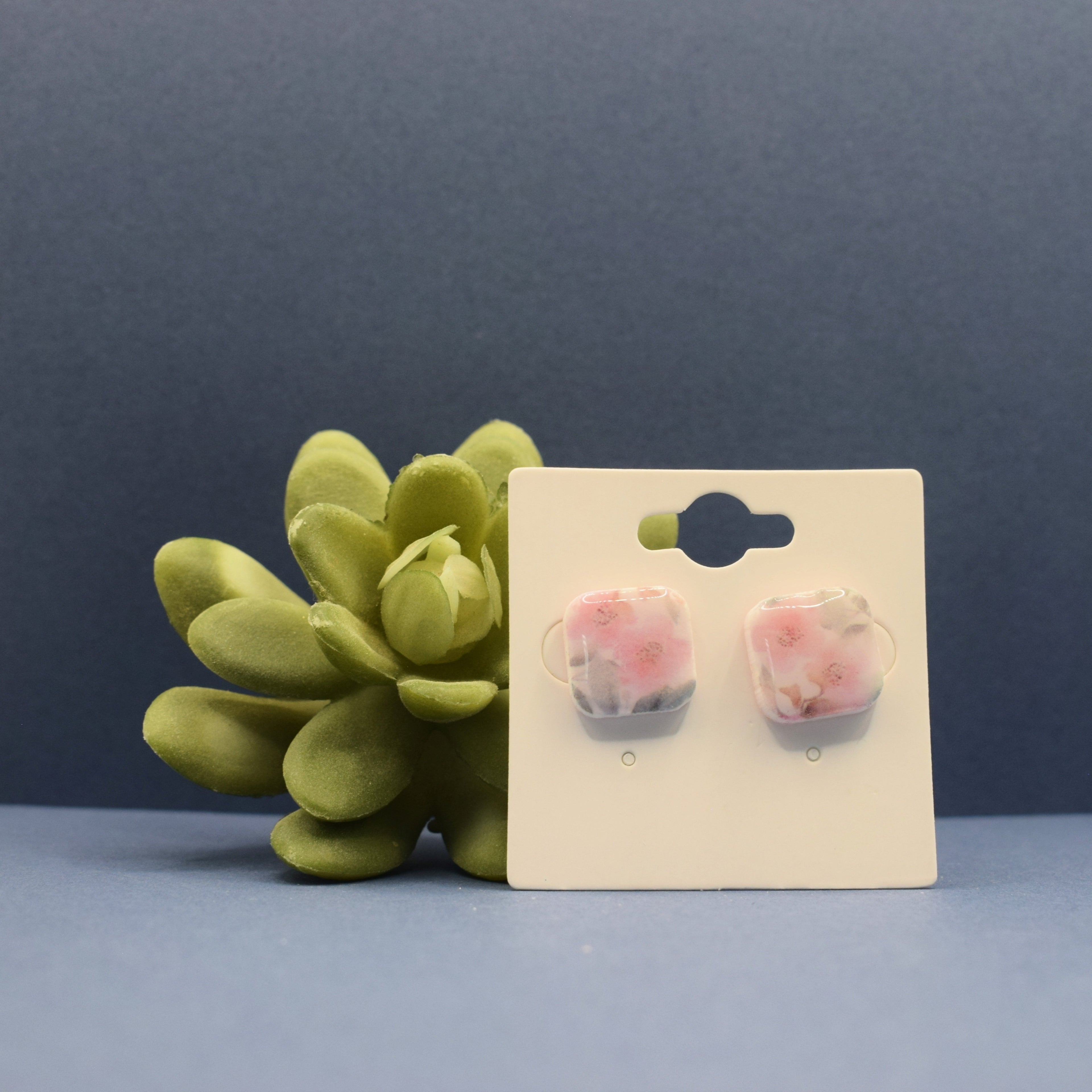 Organic Square Floral Polymer Clay Stud Earrings