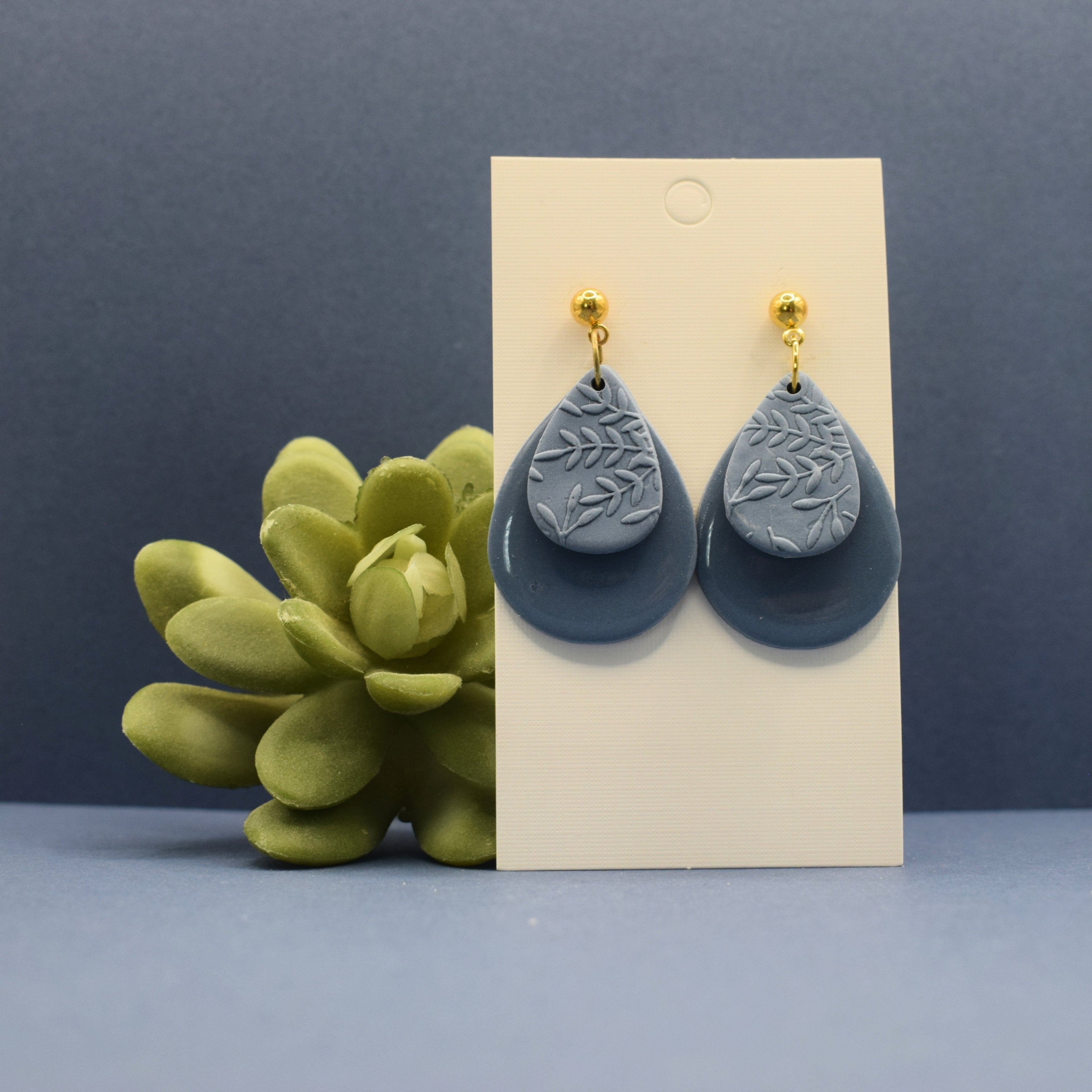 Layered Botanical Teardrop Polymer Clay Earrings