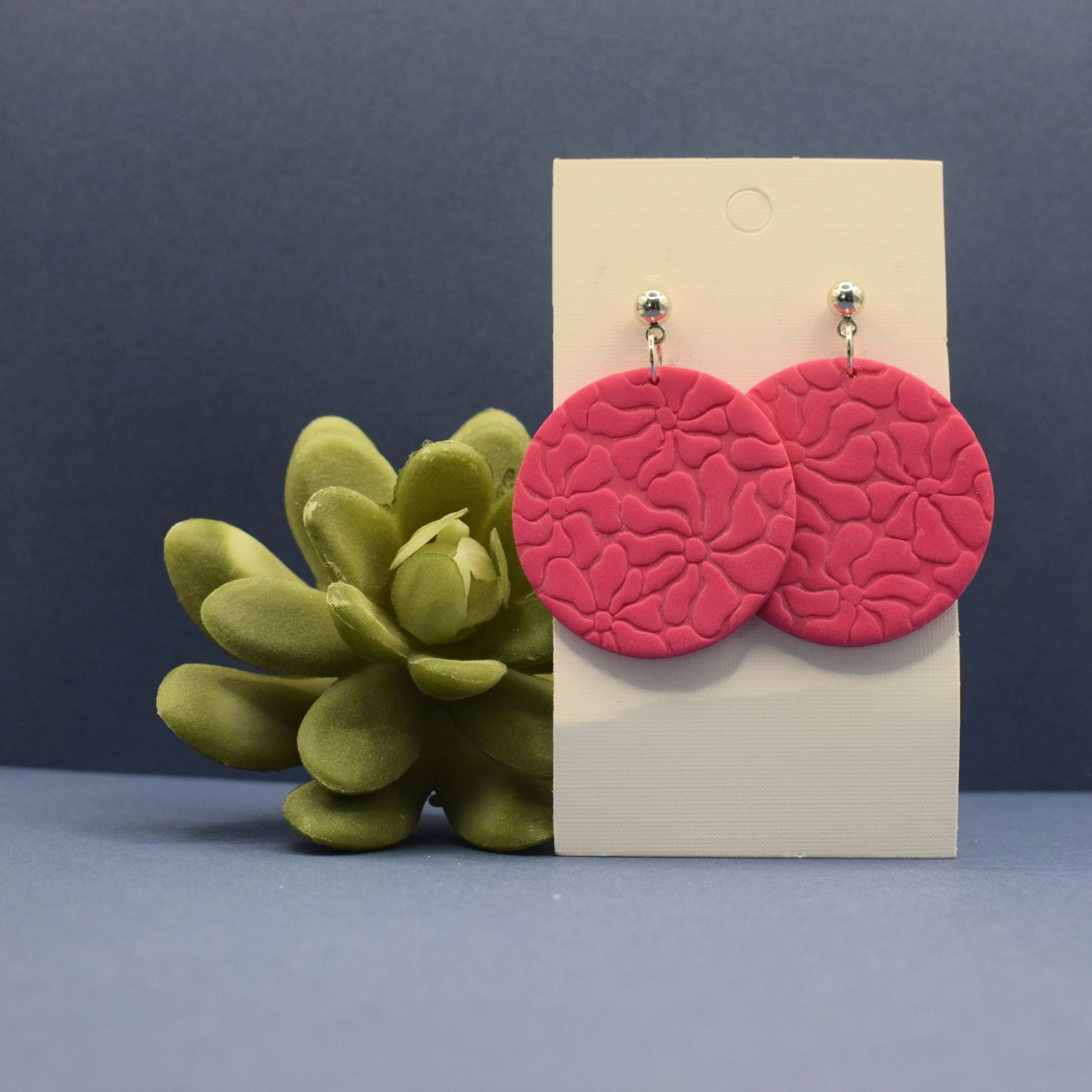 Flower Statement Disc Earrings - Hot Pink