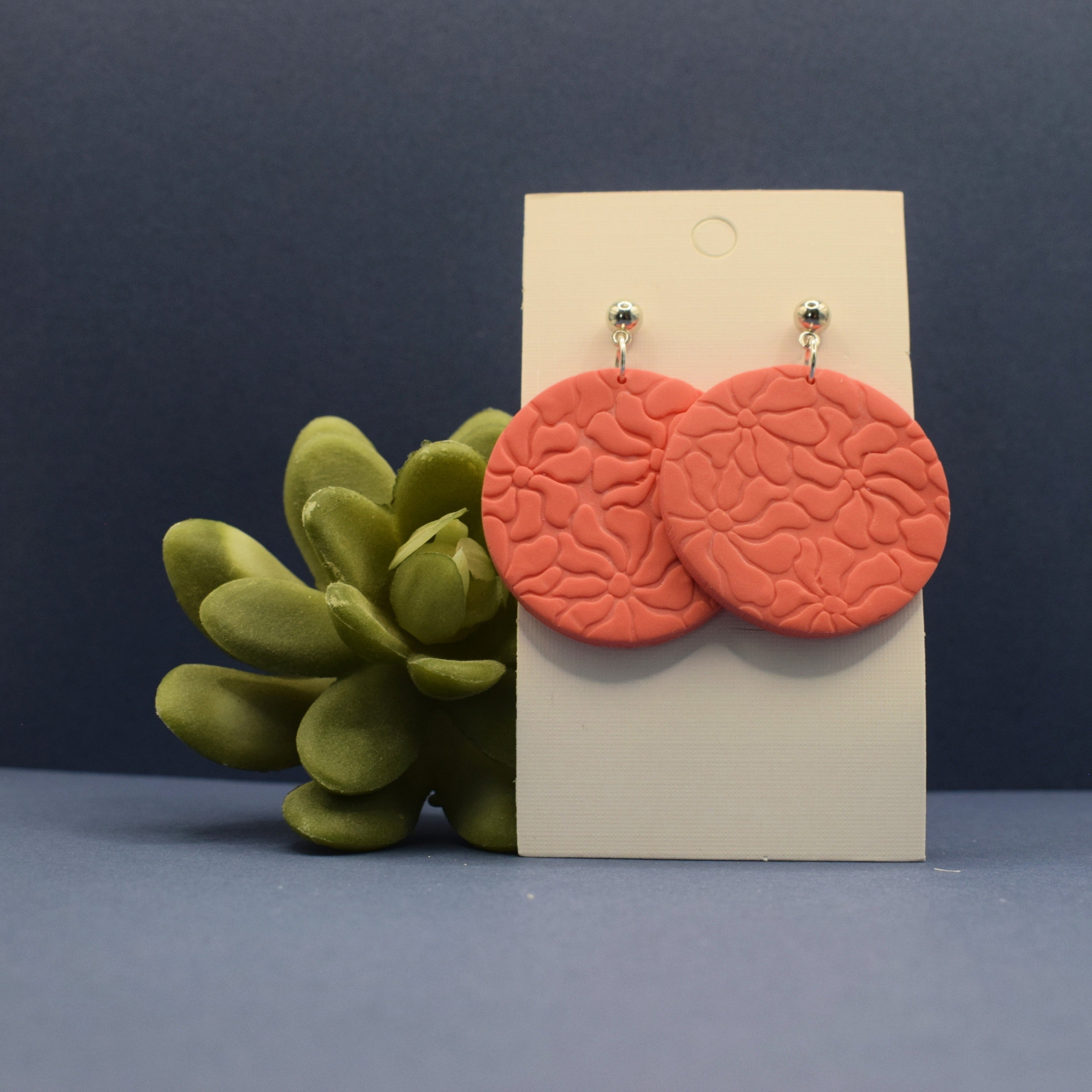 Flower Statement Disc Earrings - Coral