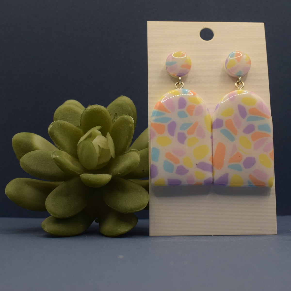 Terrazzo Arch Drop Earrings Pastel – chunky handmade polymer clay arch drop earrings in soft pastel colours