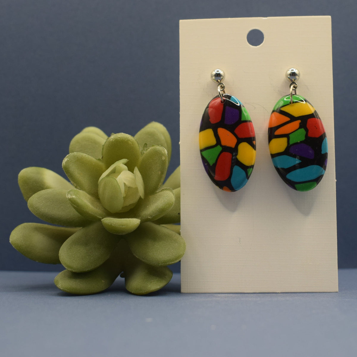 Terrazzo Oval Drop Earrings Bold – handmade polymer clay oval drop earrings in vivid jewel tones