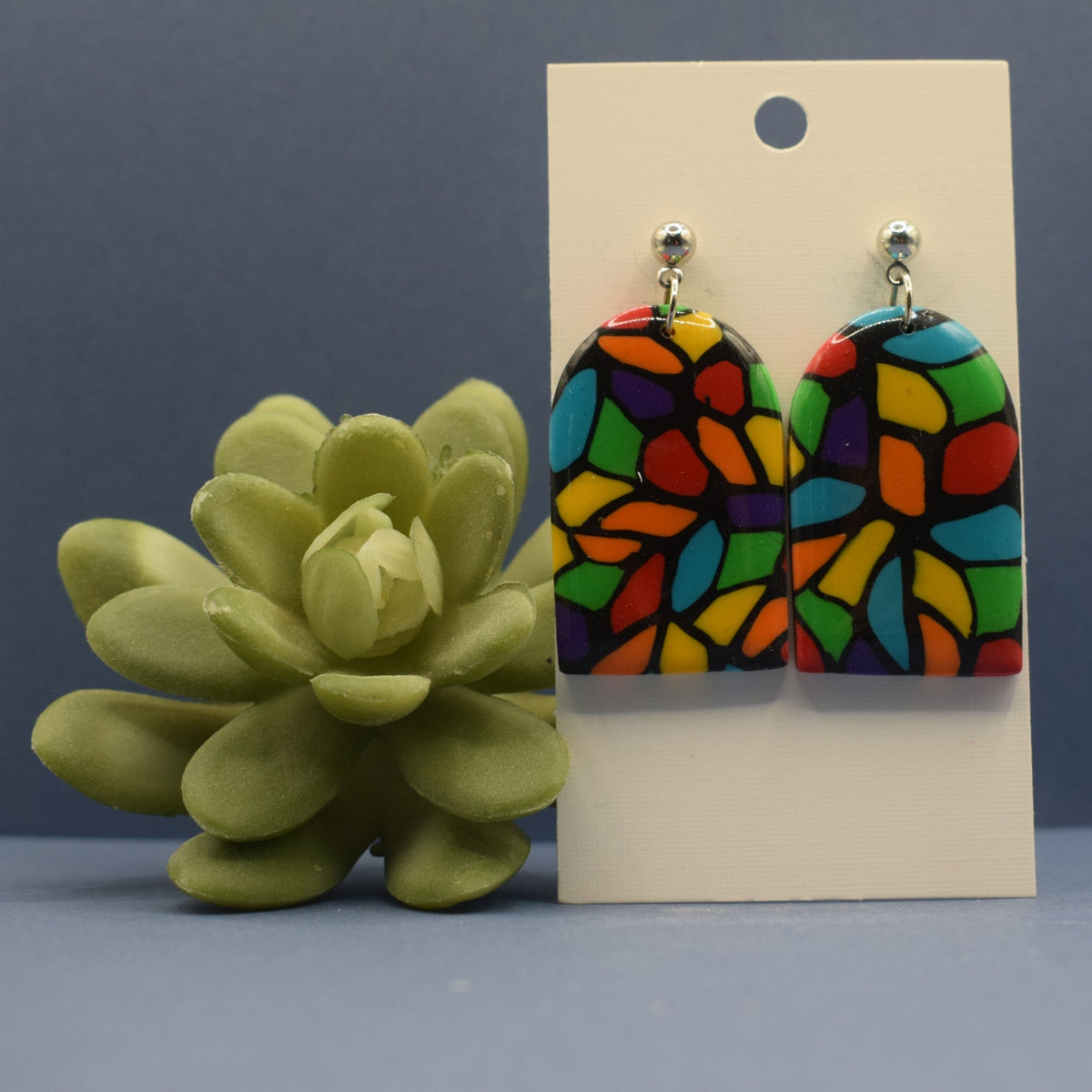 Terrazzo Arch Drop Earrings Bold – chunky handmade polymer clay arch drop earrings in vivid stained-glass jewel tones